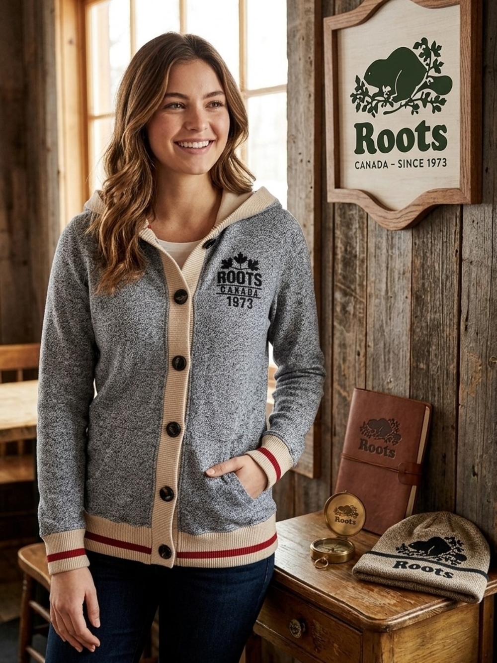 Roots Heather Grey and Cream Hooded Cardigan with Red Accent